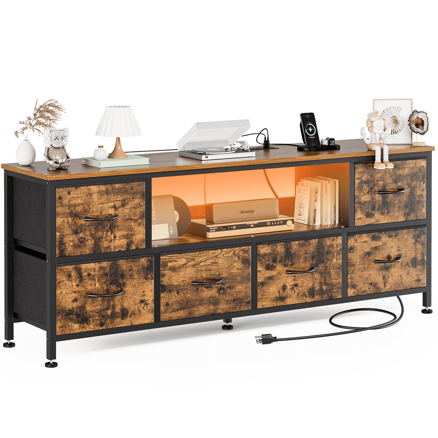 TV Stand Dresser with Power Outlets and LED Lights, 6 Drawer Console for 60 Inch TV, Dresser for Bedroom, Closet, Hallway