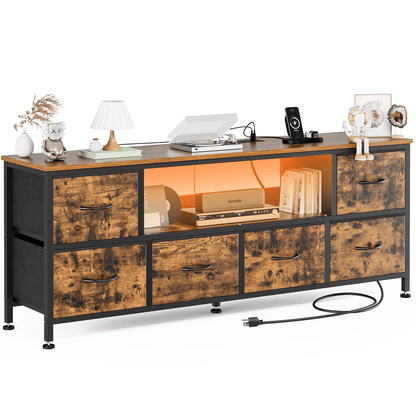 TV Stand Dresser with Power Outlets and LED Lights, 6 Drawer Console for 60 Inch TV, Dresser for Bedroom, Closet, Hallway