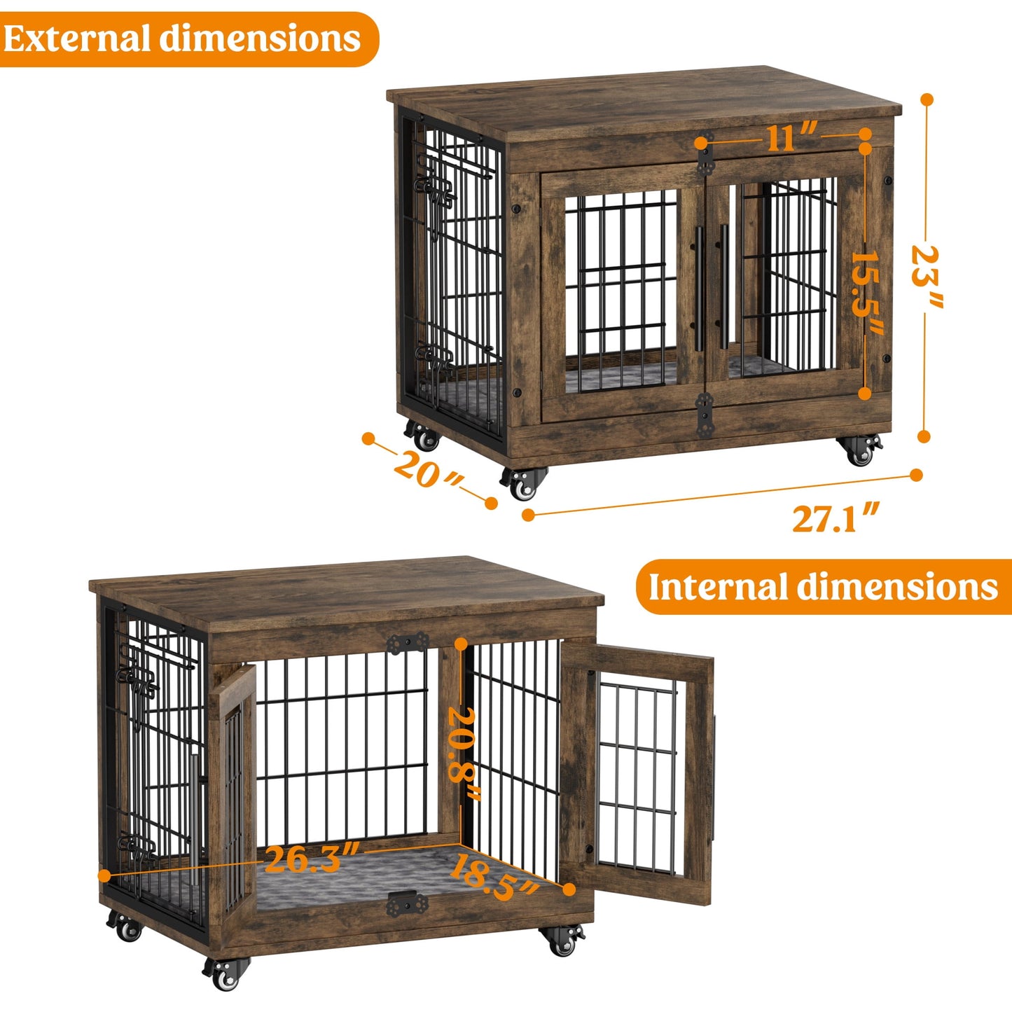 LainTene Wooden Dog Crate Furniture, Double Doors Dog Kennels for Inside with Pads and Wheels, Heavy Duty Dog Cage for Small Dogs, Brown
