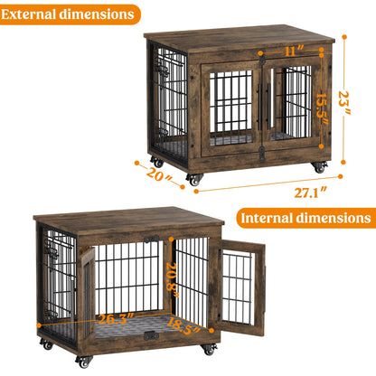 LainTene Wooden Dog Crate Furniture, Double Doors Dog Kennels for Inside with Pads and Wheels, Heavy Duty Dog Cage for Small Dogs, Brown