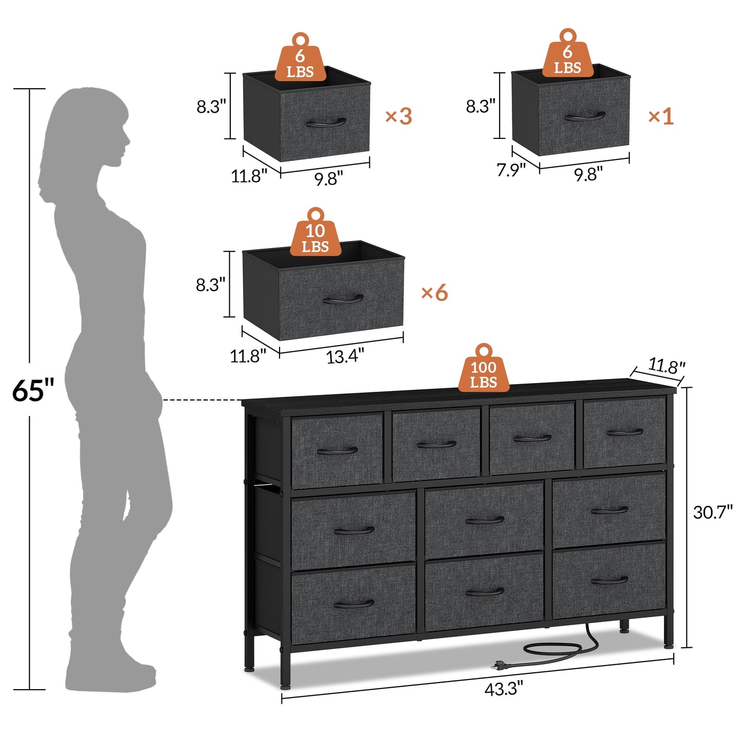 Laintene Dresser for Bedroom, TV Stand for 50" Long TV with Power Outlet, 10 Drawer Dresser for Closet, Fabric Chest of Drawers Entertainment Center for Living Room, Hallway, Entryway, Gray