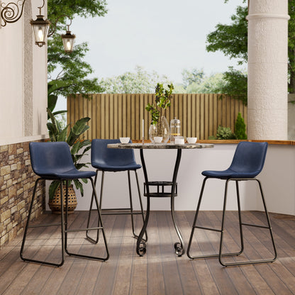 LainTene 26" Bar Stools Set of 3 – Faux Leather Counter Height Stools with Backrest & Footrest, Heavy-Duty Metal Frame for Kitchen, Bar, Living Room, Blue