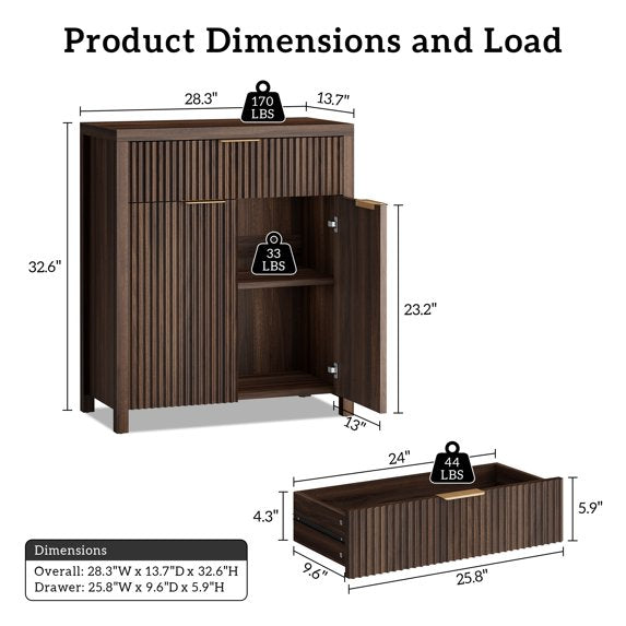 Laintene Sideboard Storage Cabinet, Fluted Buffet Cabinet with Adjustable Shelf and Drawer for Dining Living Room, Entryway, Walnut Set of 2