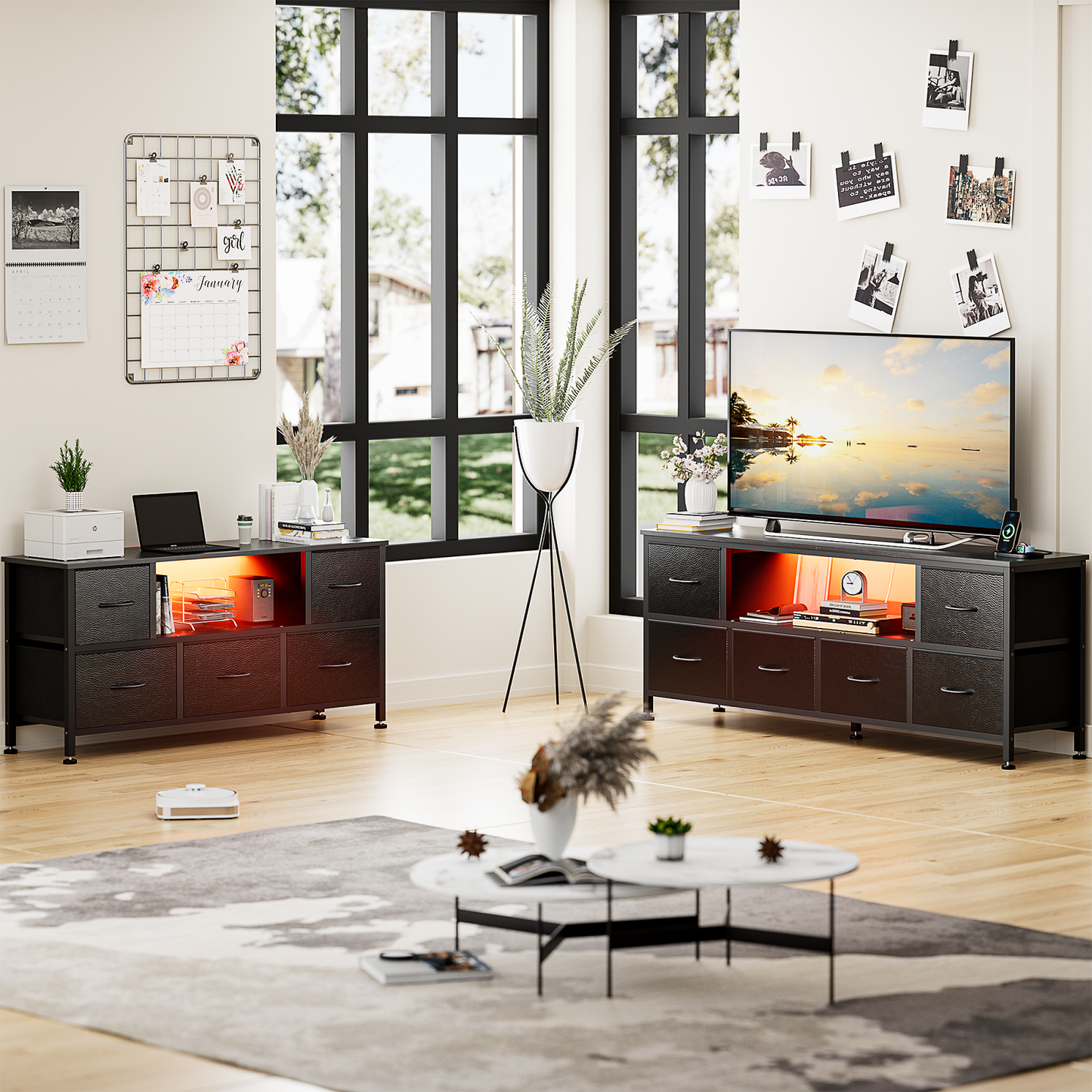 TV Stand Dresser with Power Outlets and LED Lights, 5 Drawer Console for 50 Inch TV, Dresser for Bedroom, Closet, Hallway