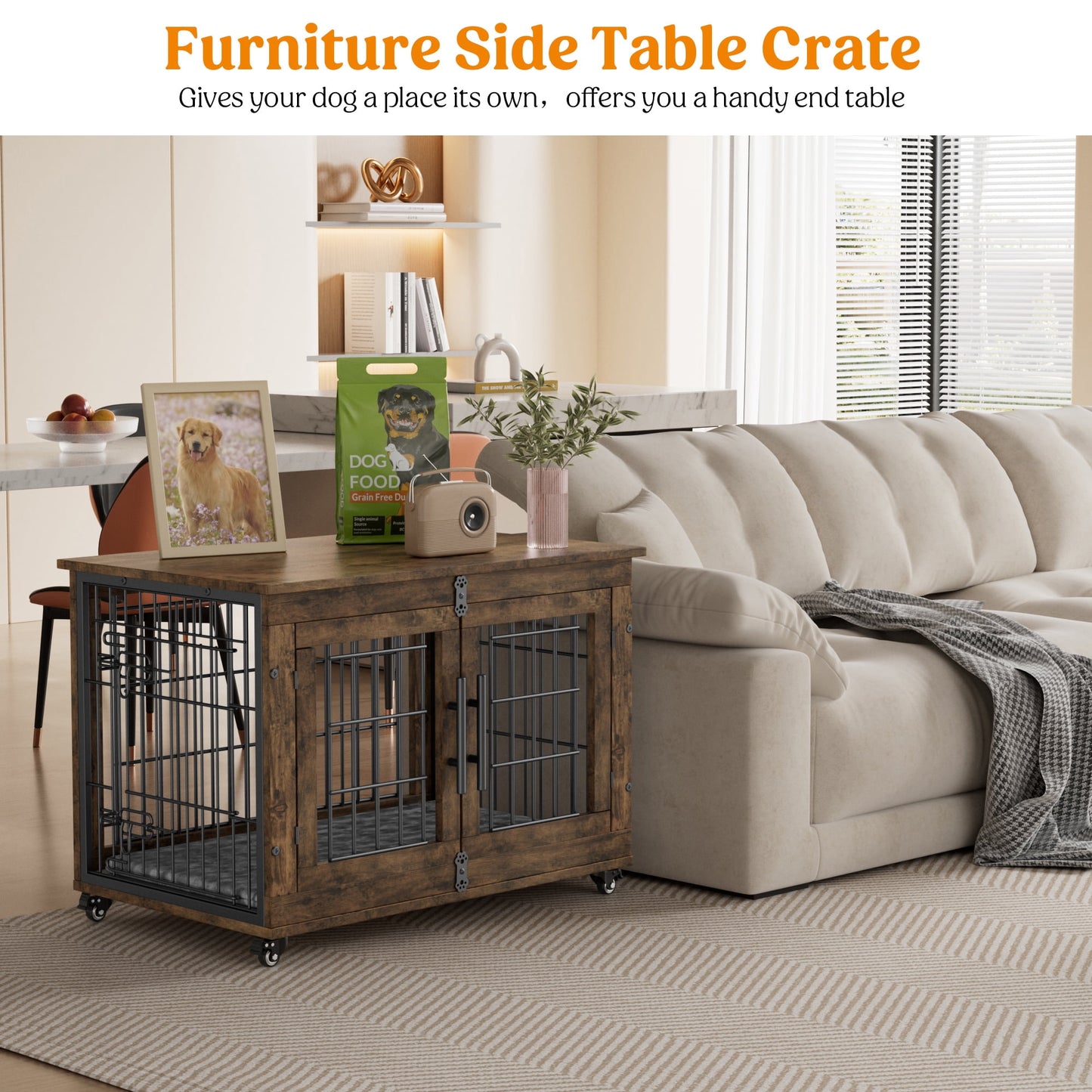 LainTene Dog Crate Furniture, Dog Kennels for Inside with Pads and Wheels, Heavy Duty Pet House for Small Medium Dogs, Browm