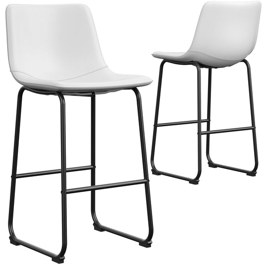 LainTene 30" PU Leather Bar Stools Set of 2 – Modern Counter Height Stools with Back, Footrest & Sturdy Metal Legs for Kitchen, Bar, Living Room, White