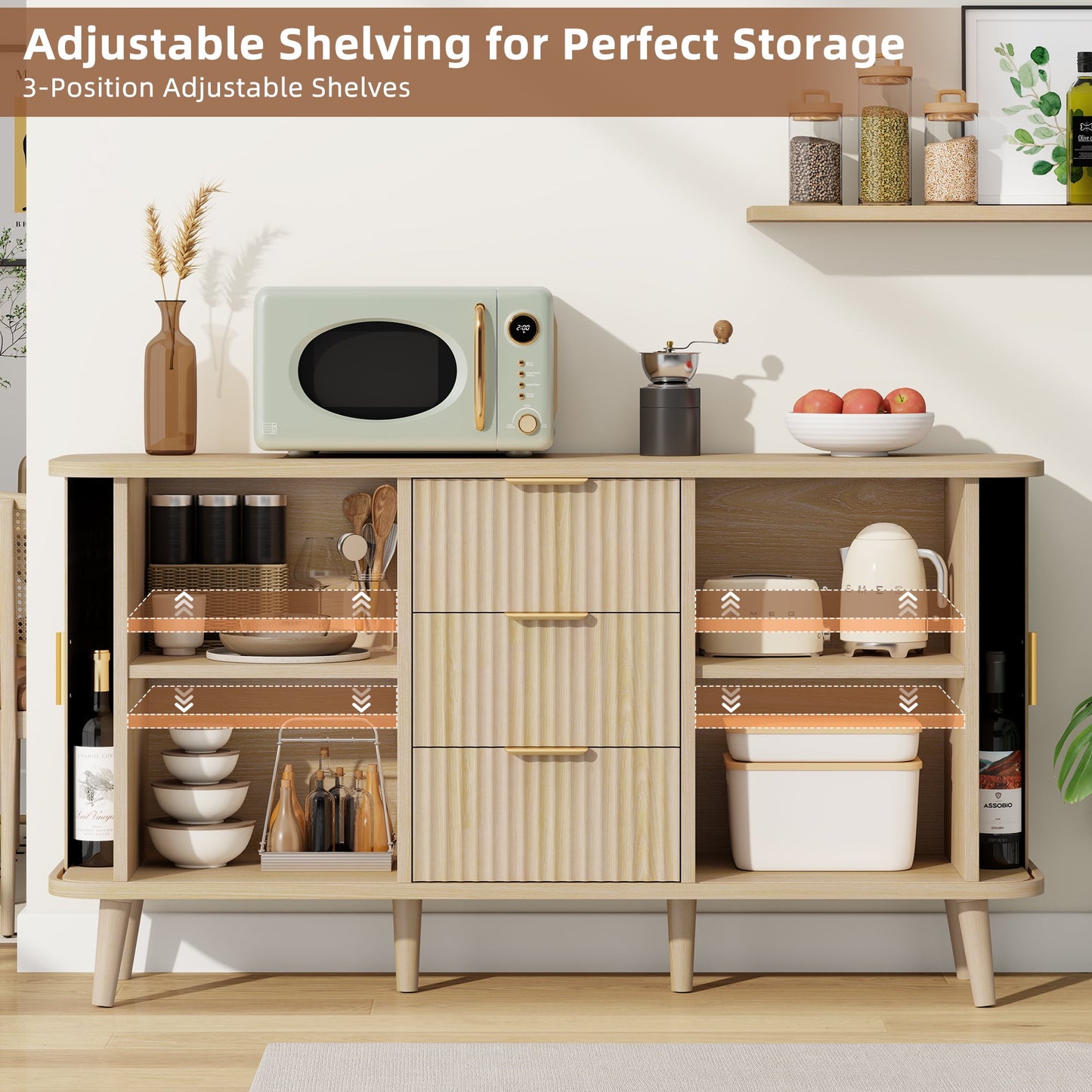 Laintene Sideboard with 3 Drawer, 55" Buffet Cabinet with 2 Sliding Tambour Doors, Modern Fluted Storage Cabinet for Kitchen, Living Room, Hallway, Natural Oak