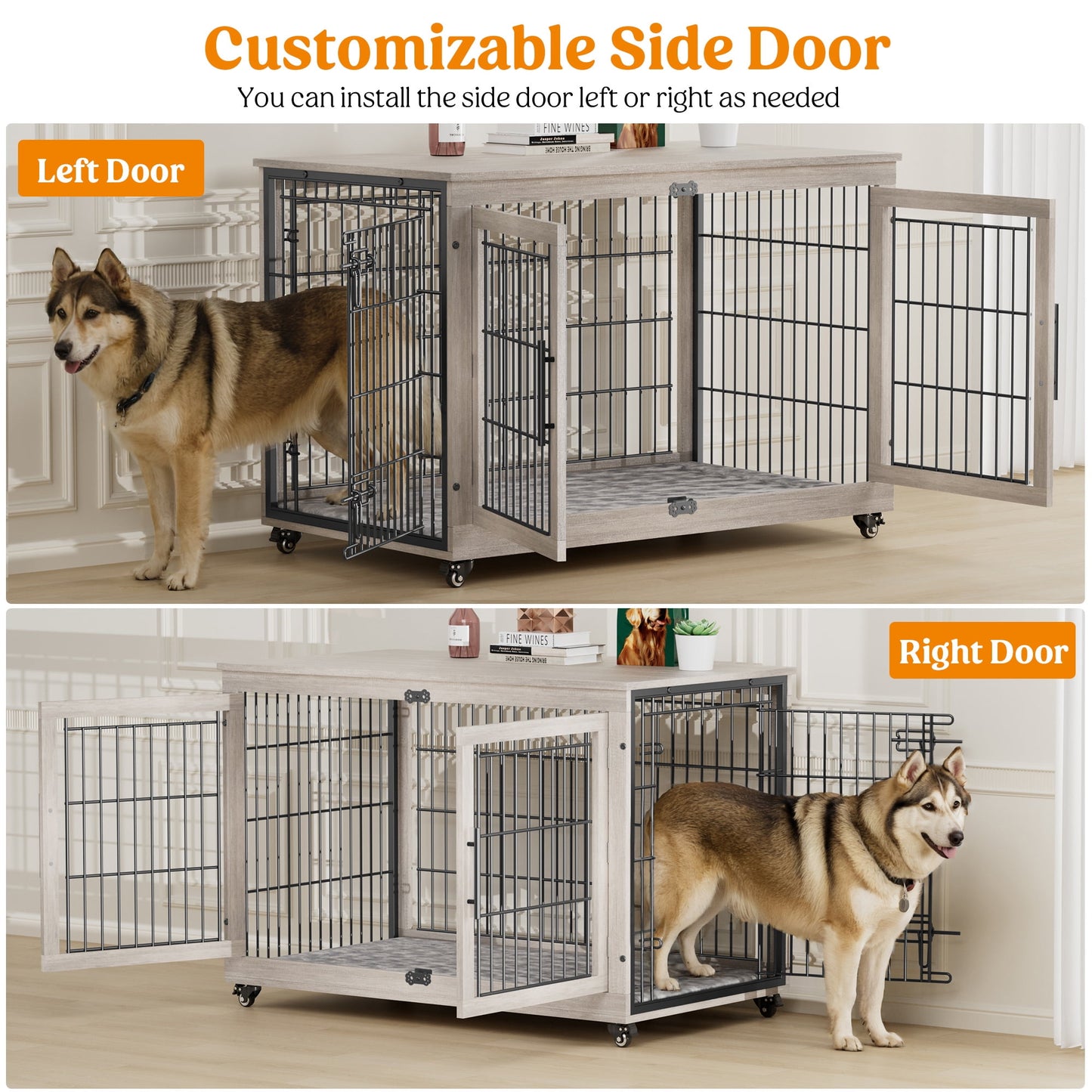 Laintene Dog Crate Furniture, Indoor Dog Kennels with Wheels and Pads, Pet House for XL Dogs, Gray