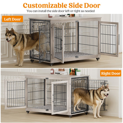 Laintene Dog Crate Furniture, Indoor Dog Kennels with Wheels and Pads, Pet House for XL Dogs, Gray