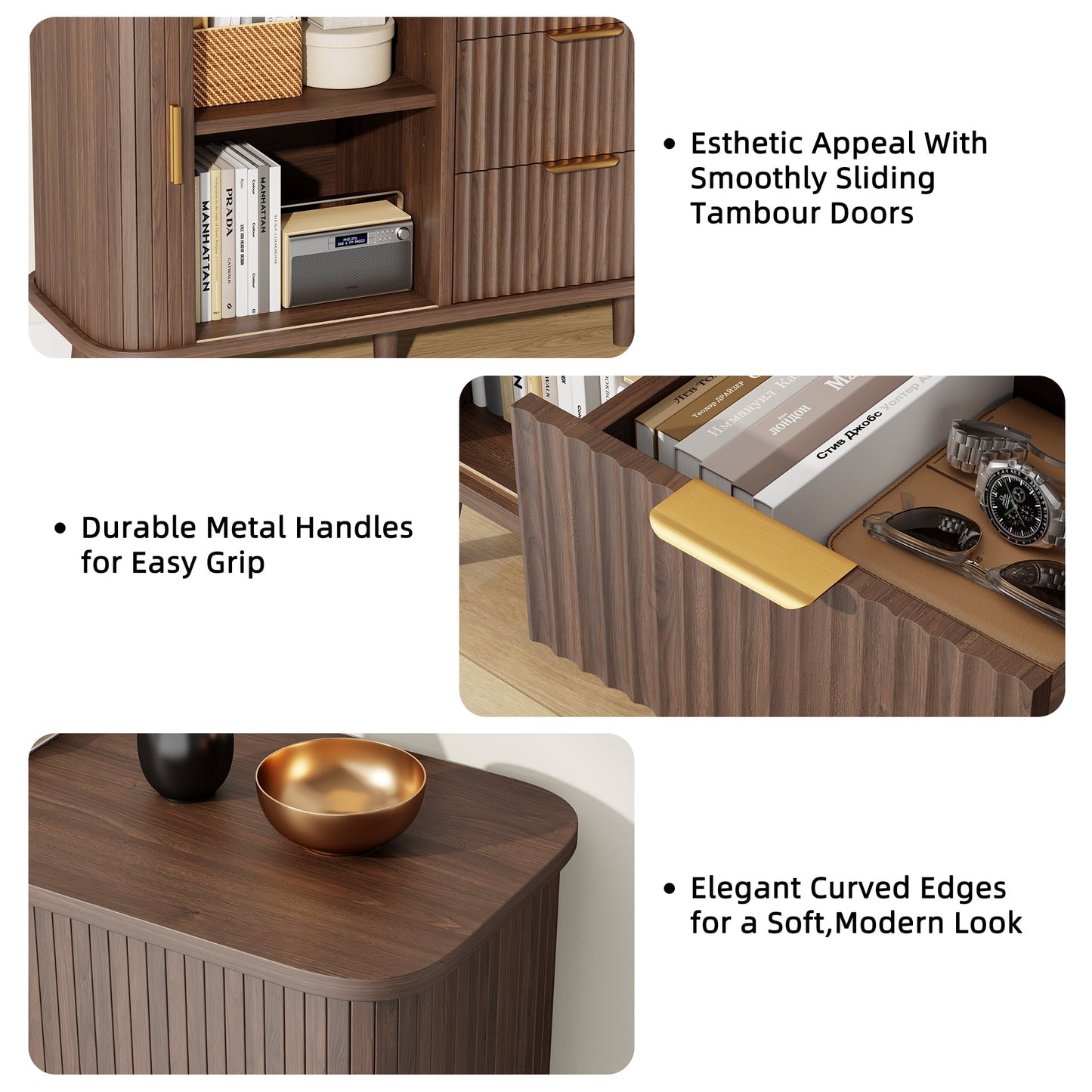Laintene Sideboard with 3 Drawer, 55" Buffet Cabinet with 2 Sliding Tambour Doors, Modern Fluted Storage Cabinet for Kitchen, Living Room, Hallway, Walnut