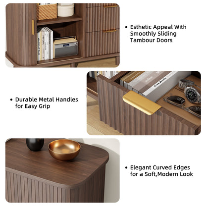 Laintene Sideboard with 3 Drawer, 55" Buffet Cabinet with 2 Sliding Tambour Doors, Modern Fluted Storage Cabinet for Kitchen, Living Room, Hallway, Walnut