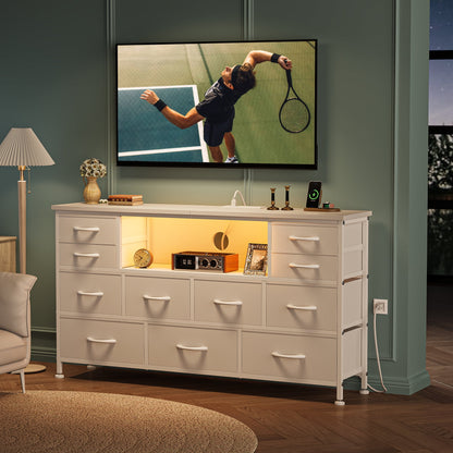 Laintene TV Stand 60 inch, Dresser for Bedroom with LED Lights Power Outlets, 11 Drawer Dresser TV Stands for Living Room, Fabric Chest of Drawers, White