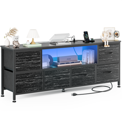 TV Stand Dresser with Power Outlets and LED Lights, 6 Drawer Console for 60 Inch TV, Dresser for Bedroom, Closet, Hallway