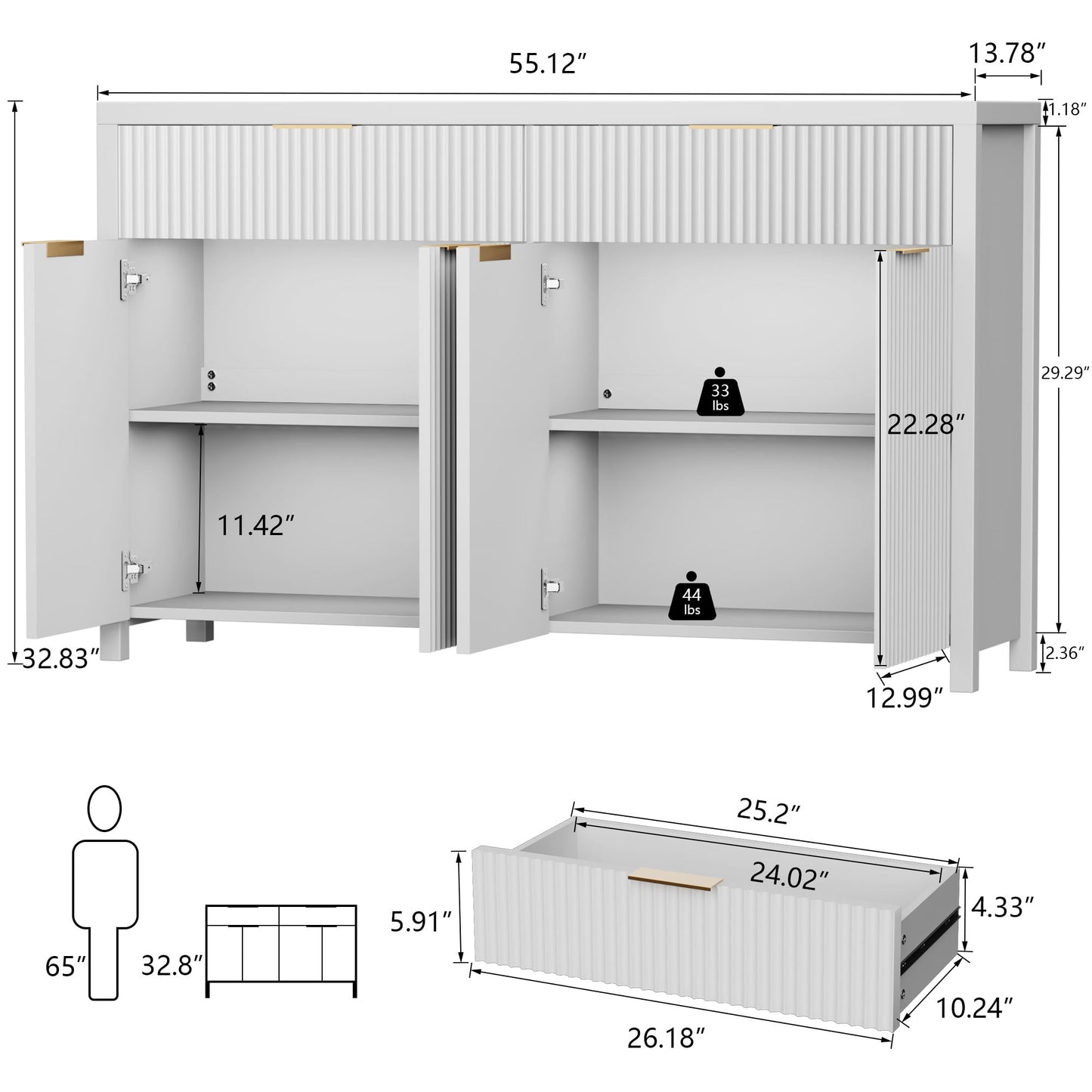 Laintene Fluted Sideboard, Storage Buffet Cabinet with Drawers, 55" TV Cabinet for Living Room with Adjustable Shelves, Wooden Accent Cabinet, White Set of 2