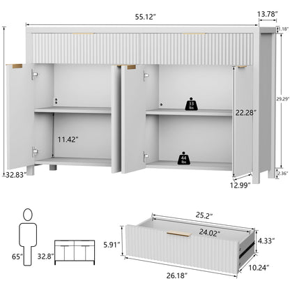 Laintene Fluted Sideboard, Storage Buffet Cabinet with Drawers, 55" TV Cabinet for Living Room with Adjustable Shelves, Wooden Accent Cabinet, White Set of 2