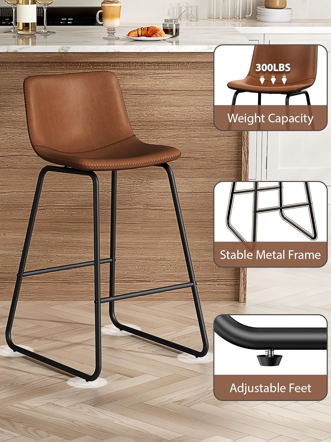 LainTene 26" Bar Stools Set of 3 – Faux Leather Counter Height Stools with Backrest & Footrest, Heavy-Duty Metal Frame for Kitchen, Bar, Living Room, Dark Brown