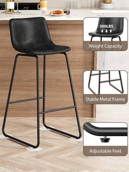 LainTene 30" Bar Stools Set of 2 – Faux Leather Counter Height Stools with Backrest & Footrest, Heavy-Duty Metal Frame for Kitchen, Bar, Living Room, Black