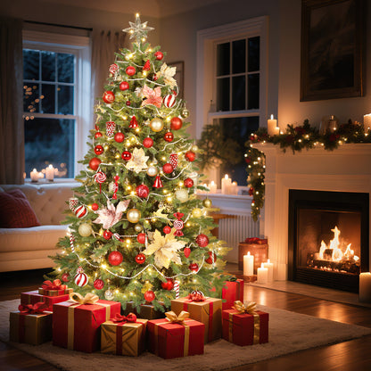Laintene 6FT Pre-Lit Premium PE+PVC Christmas Tree | 400 Warm White LED Lights, 2085 Realistic Tips, Hinged Design with Storage Bag & Metal Stand