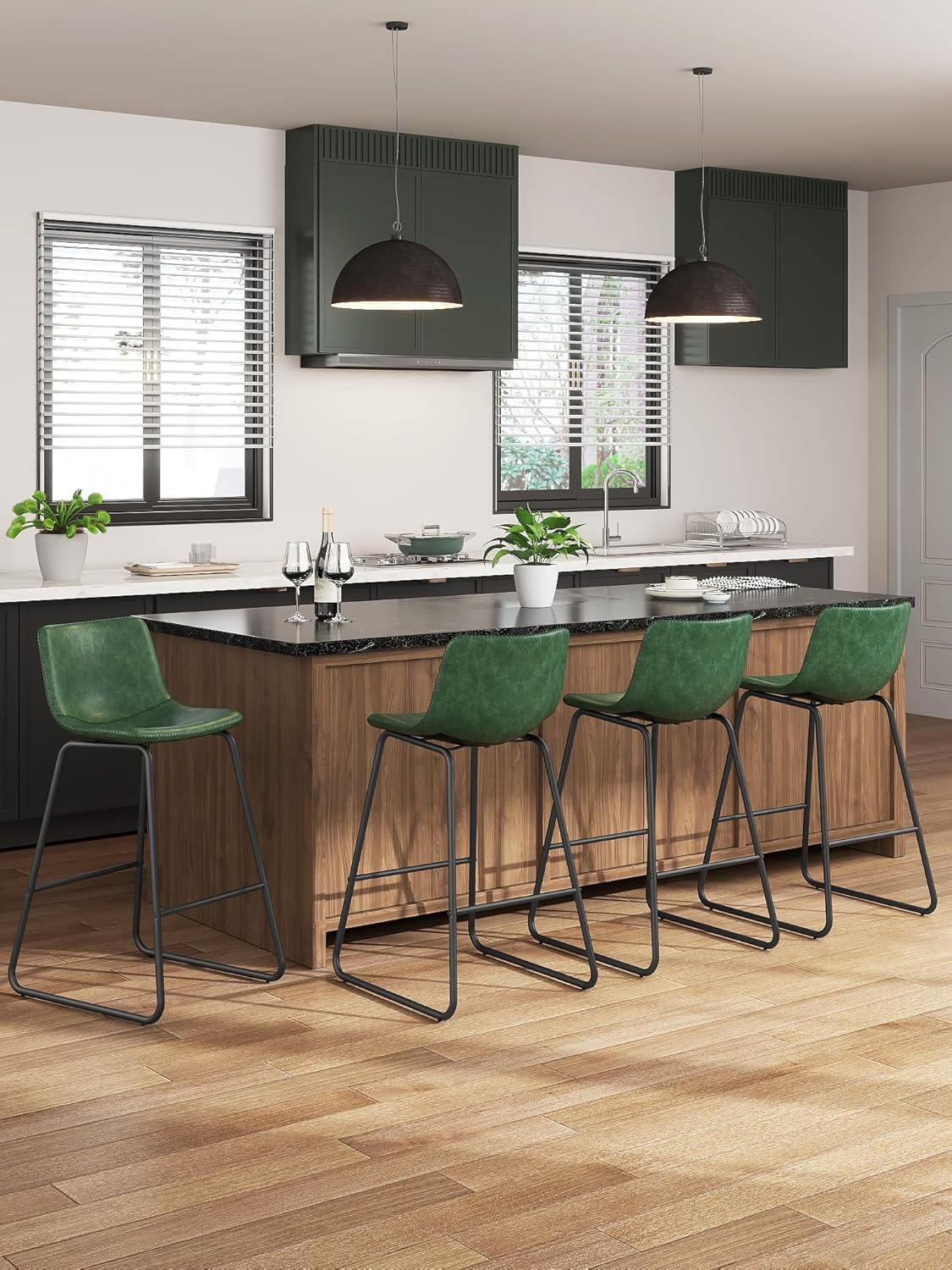 LainTene 26" Bar Stools Set of 3 – Faux Leather Counter Height Stools with Backrest & Footrest, Heavy-Duty Metal Frame for Kitchen, Bar, Living Room, Green