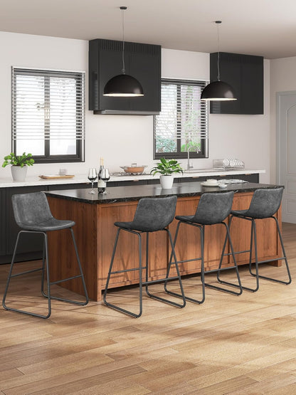 LainTene 26" Bar Stools Set of 3 – Faux Leather Counter Height Stools with Backrest & Footrest, Heavy-Duty Metal Frame for Kitchen, Bar, Living Room, Gray