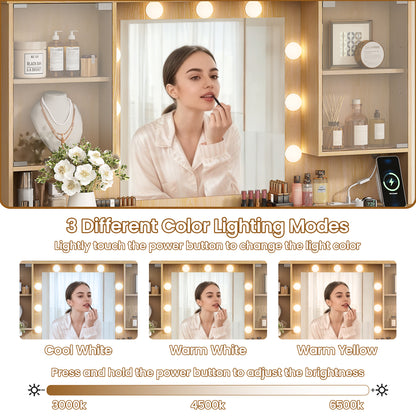 LainTene Makeup Vanity Table with Lights and Mirror, Vanity Desk with 3 Drawers & 2 Large Storage Cabinets and Charging Station for Bedroom