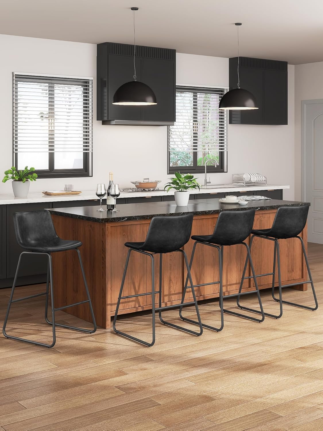 LainTene 26" Bar Stools Set of 3 – Faux Leather Counter Height Stools with Backrest & Footrest, Heavy-Duty Metal Frame for Kitchen, Bar, Living Room, Black