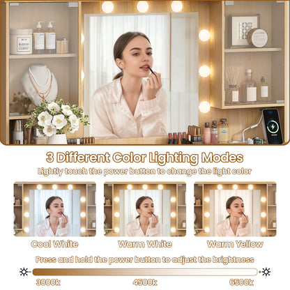 LainTene Vanity Set with Stool, Makeup Vanity Table with Lights and Mirror, Vanity Desk with 3 Drawers & 2 Large Storage Cabinets and Charging Station for Bedroom