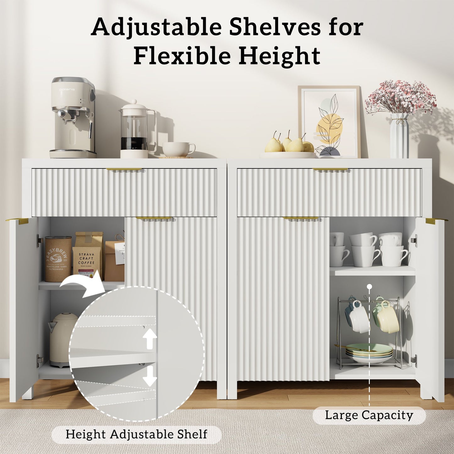 Laintene Storage Cabinet Set of 3, Sideboard Buffet Cabinet with Storage Drawer and Adjustable Shelf, 28" Wooden Accent Entryway TV Cabinet for Living Room, White