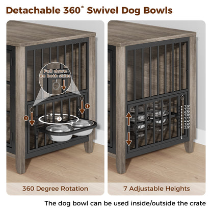 Laintene Dog Crate with Bowls, Heavy Duty Wooden Dog Crate Furniture, 37.7" Indoor Dog Kennels for Large Dogs, Gray