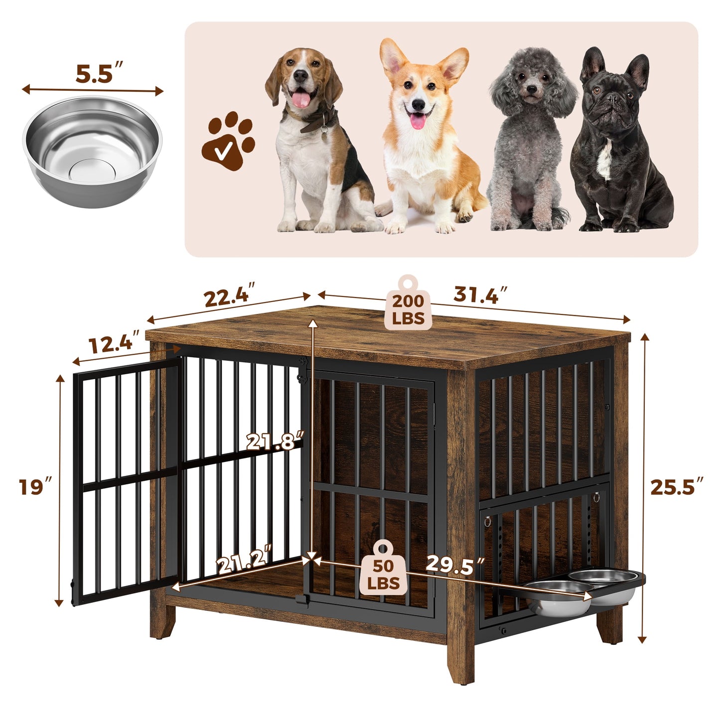 Laintene Dog Crate with Bowls, Heavy Duty Wooden Dog Crate Furniture, 31" Indoor Dog Kennels for Small/Medium Dogs, Brown