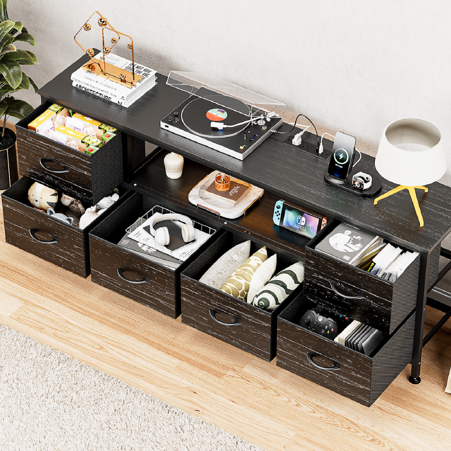 TV Stand Dresser with Power Outlets and LED Lights, 6 Drawer Console for 60 Inch TV, Dresser for Bedroom, Closet, Hallway