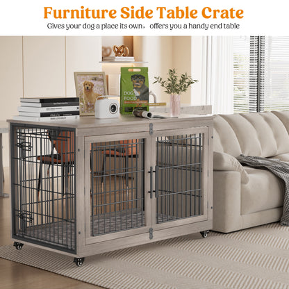 Laintene Dog Crate Furniture, Indoor Dog Kennels with Wheels and Pads, Pet House for XL Dogs, Gray