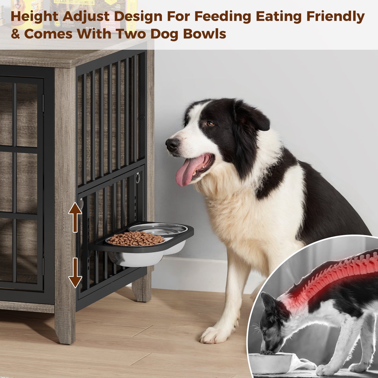Laintene Dog Crate with Bowls, Heavy Duty Wooden Dog Crate Furniture, 37.7" Indoor Dog Kennels for Large Dogs, Gray