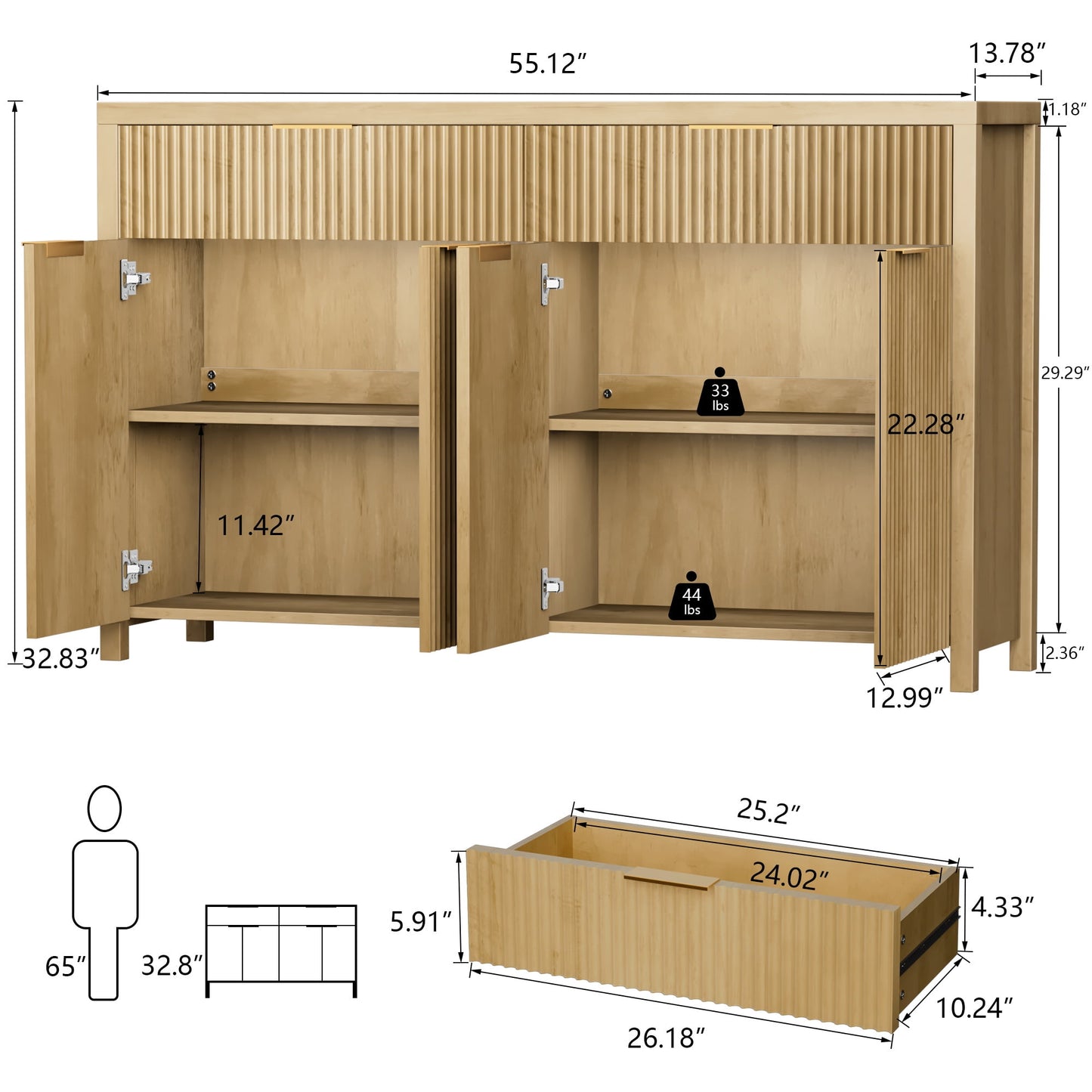 Buffet Cabinet with 2 Drawers, 55" Storage Cabinet with Fluted Panel Doors, Adjustable Shelves for Kitchen, TV Stands for Living Room, Natural Oak
