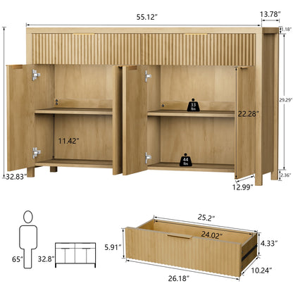 Buffet Cabinet with 2 Drawers, 55" Storage Cabinet with Fluted Panel Doors, Adjustable Shelves for Kitchen, TV Stands for Living Room, Natural Oak
