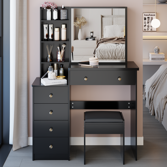 LainTene 37" Dressing Table Set with Sliding Mirror & Stool, Rustic Vanity Desk for Bedroom, Spacious Storage Drawers and Glass Top