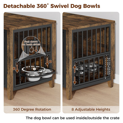 Laintene Dog Crate with Bowls, Heavy Duty Wooden Dog Crate Furniture, 31" Indoor Dog Kennels for Small/Medium Dogs, Brown