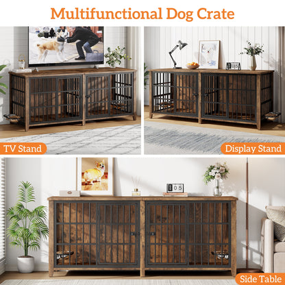 Laintene 78 Inch Dog Crate with Bowls, Heavy Duty Dog Crate Furniture for 2 Dogs, Indoor Wooden Dog Kennels for Large Dogs, Brown