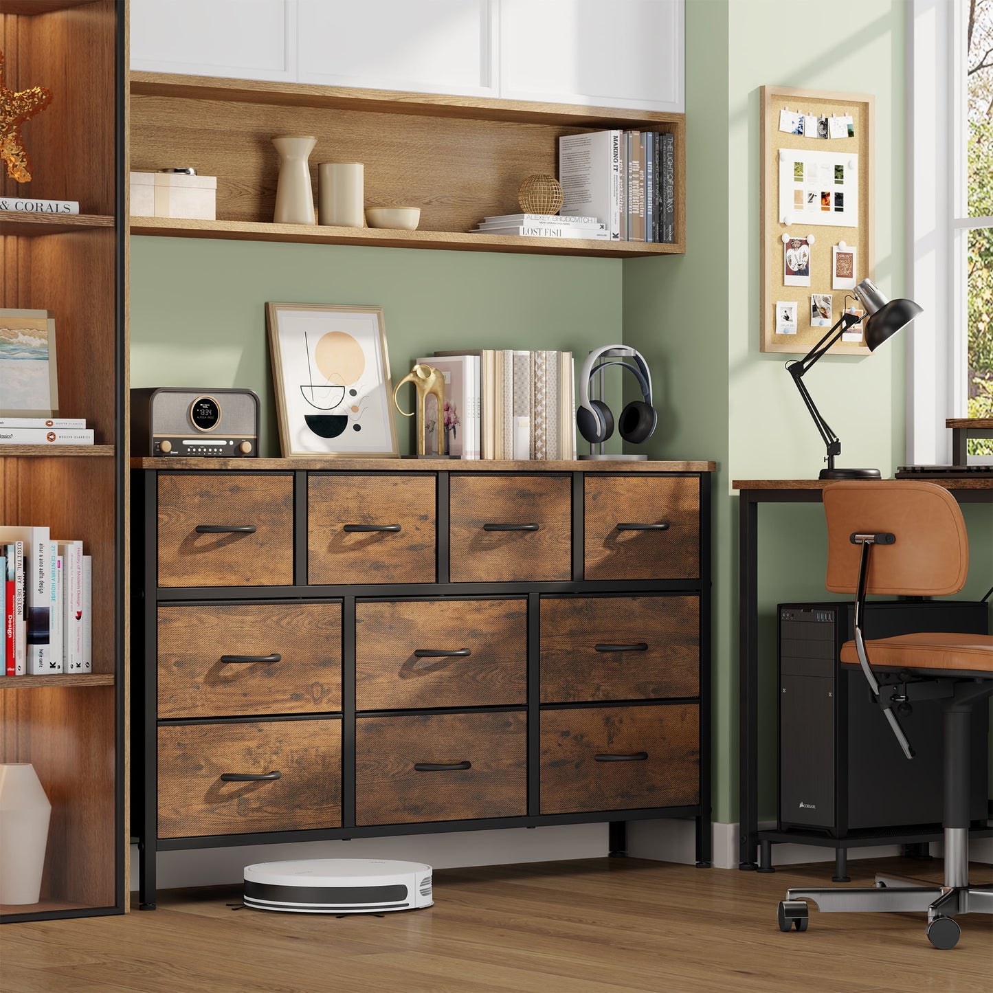 Laintene Dresser for Bedroom, TV Stand for 55" Long TV with Power Outlet, 10 Drawer Dresser for Closet, Fabric Chest of Drawers Entertainment Center for Living Room, Hallway, Entryway, Brown