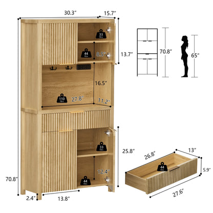 Laintene Pantry Cabinet with Charging Station & Drawer, Fluted Storage Cabinet with Adjustable Shelves and Open Countertop for Dining Living Room, Natural Oak