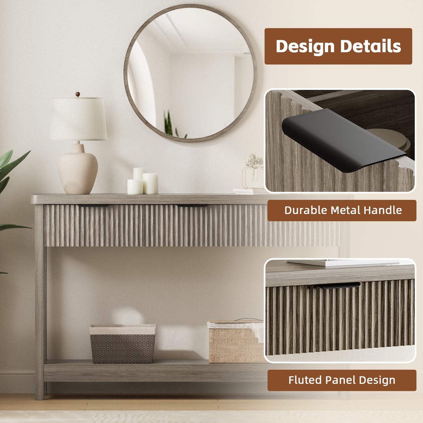 Laintene Fluted Console Table, 51" Narrow Entryway Table with 3 Drawers, Console Table Sofa Table with Storage Open Shelf, Modern Display Shelf for Hallway Living Room, Gray Oak