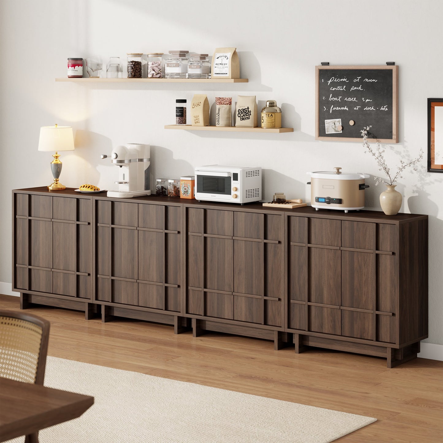 Laintene Buffet Cabinet with Skeletal Lines Doors, Sideboard Storage Cabinet with Adjustable Shelves for Kitchen, Wood Coffee Bar Cabinet TV Stands for Living Room, Walnut Set of 4