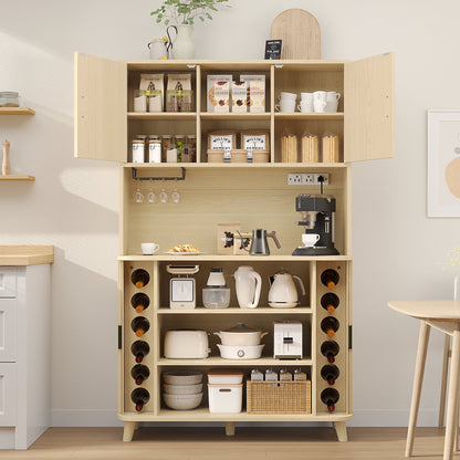 Laintene Kitchen Pantry Cabinet with Wine Rack, Storage Cabinet with Tambour Sliding Doors, Bar Cabinet with Glass Holder, Pantry Storage for Living Room, Kitchen, Entryway, Natural Oak
