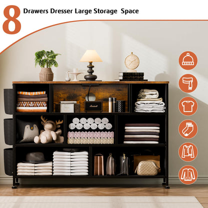 Laintene 8 Drawer Dresser, Dresser with Power Outlets LED Lights, Fabric Dressers for Bedroom TV Stand with Side Pocket, Chest of Drawers for up to 50" TV