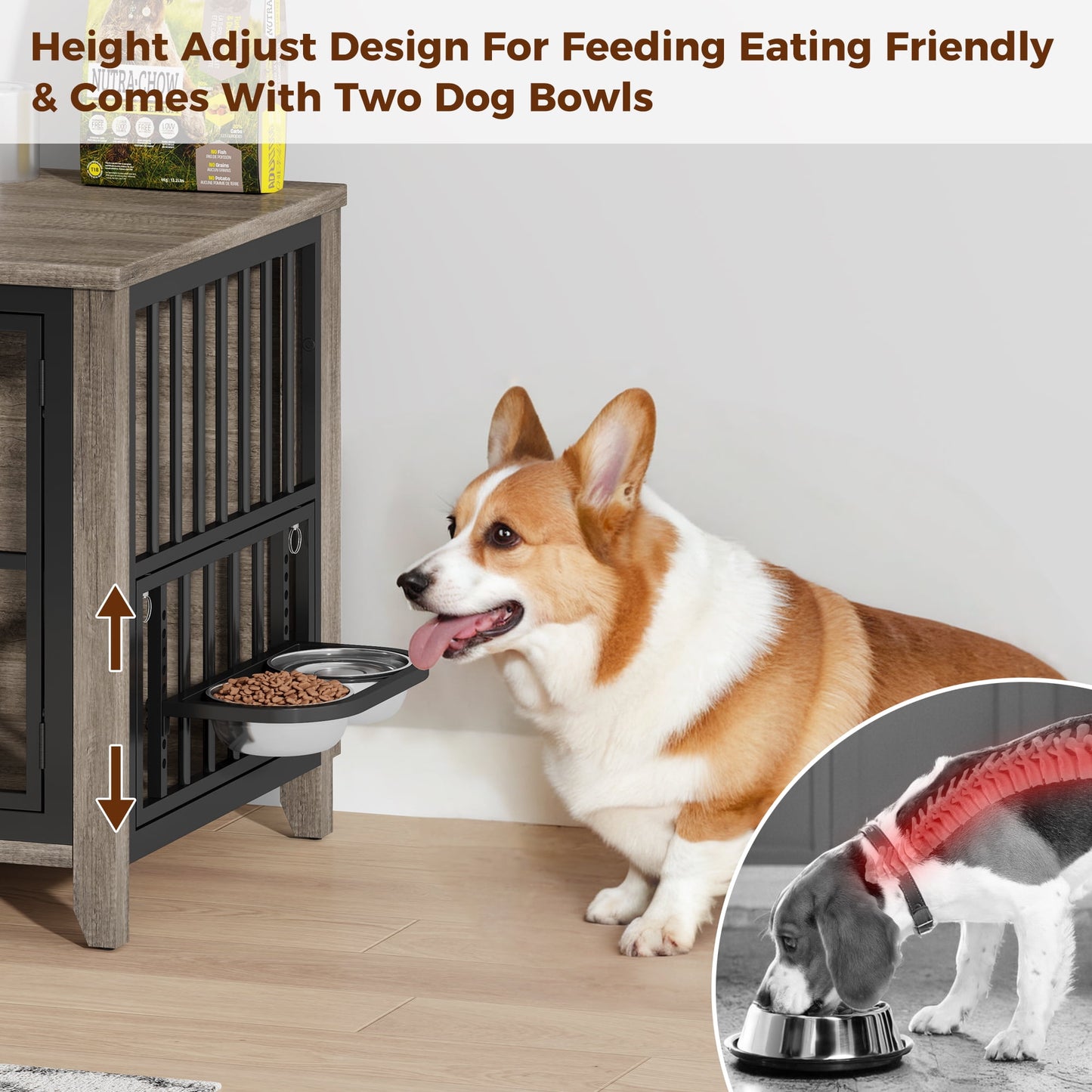 Laintene Dog Crate with Bowls, Heavy Duty Wooden Dog Crate Furniture, 31" Indoor Dog Kennels for Small/Medium Dogs, Gray