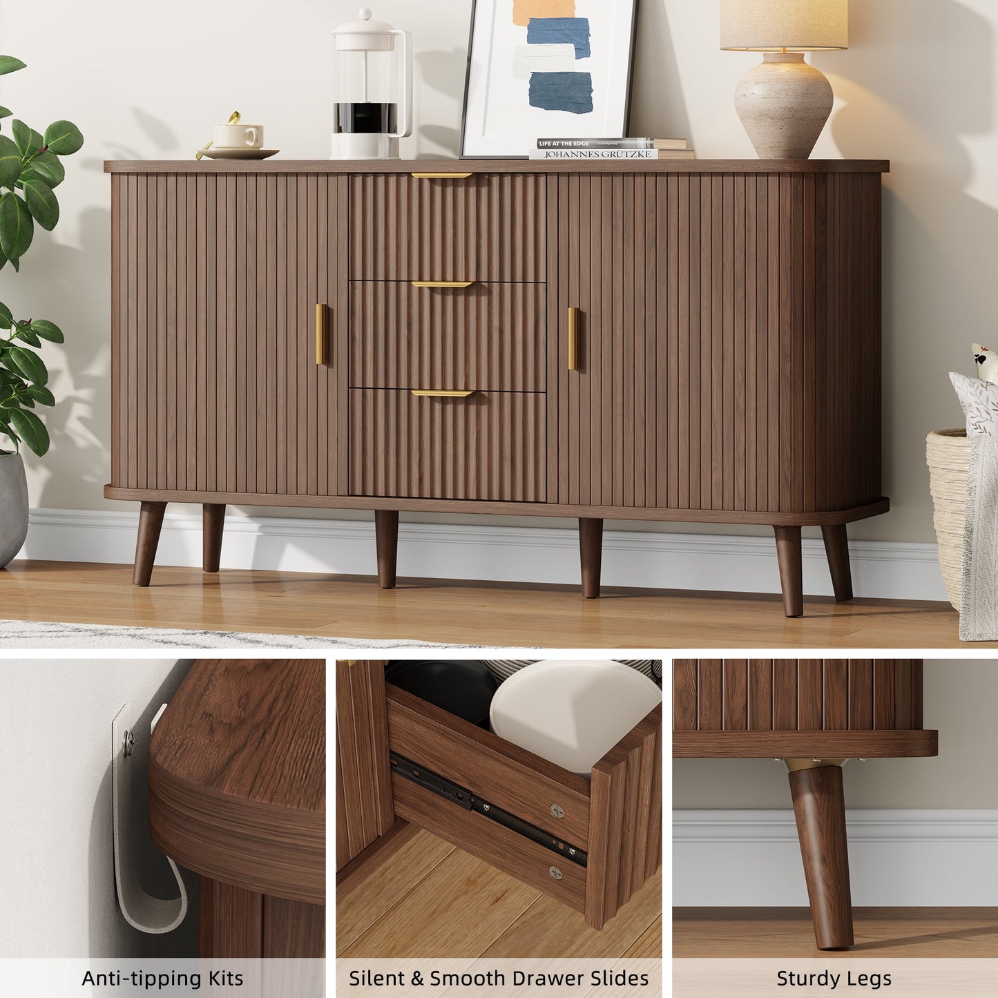 Laintene Sideboard with 3 Drawer, 55" Buffet Cabinet with 2 Sliding Tambour Doors, Modern Fluted Storage Cabinet for Kitchen, Living Room, Hallway, Walnut