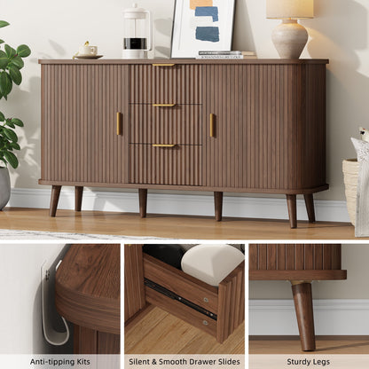 Laintene Sideboard with 3 Drawer, 55" Buffet Cabinet with 2 Sliding Tambour Doors, Modern Fluted Storage Cabinet for Kitchen, Living Room, Hallway, Walnut