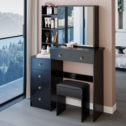 LainTene 37" Dressing Table Set with Sliding Mirror & Stool, Rustic Vanity Desk for Bedroom, Spacious Storage Drawers and Glass Top