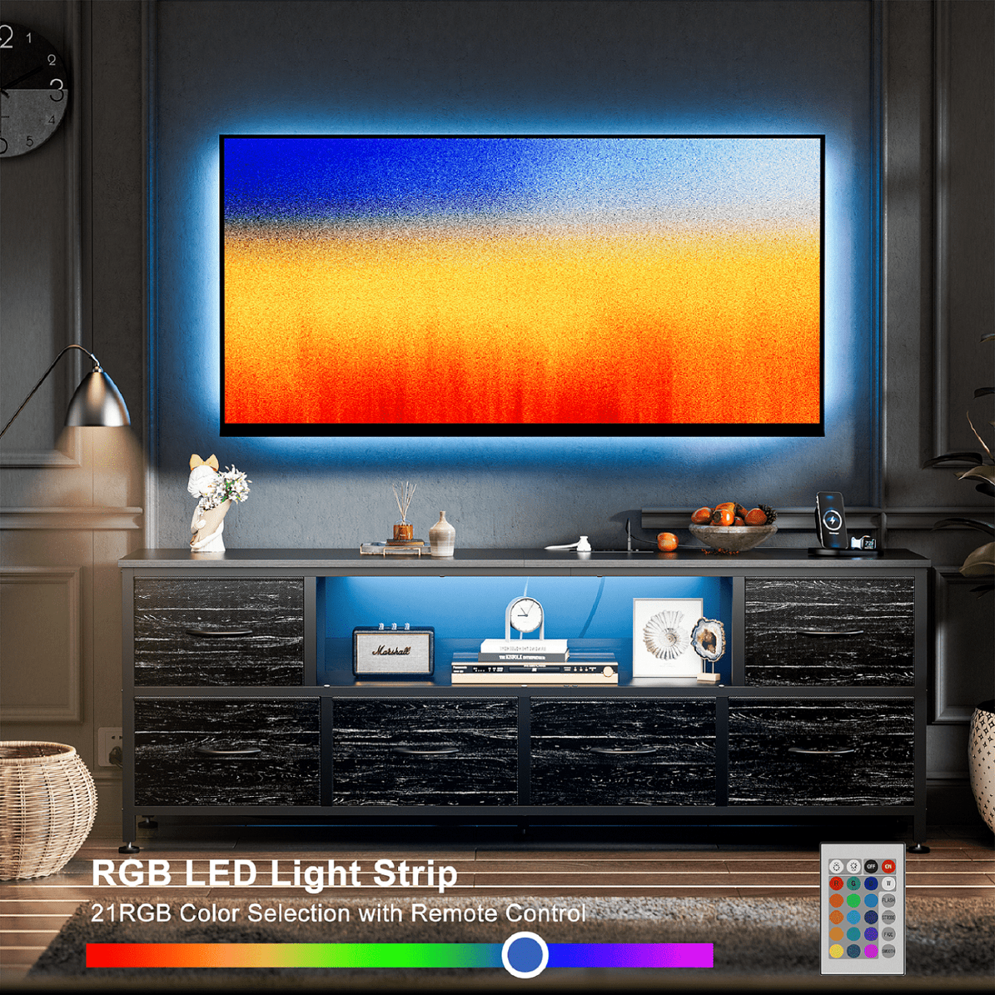 TV Stand Dresser with Power Outlets and LED Lights, 6 Drawer Console for 60 Inch TV, Dresser for Bedroom, Closet, Hallway