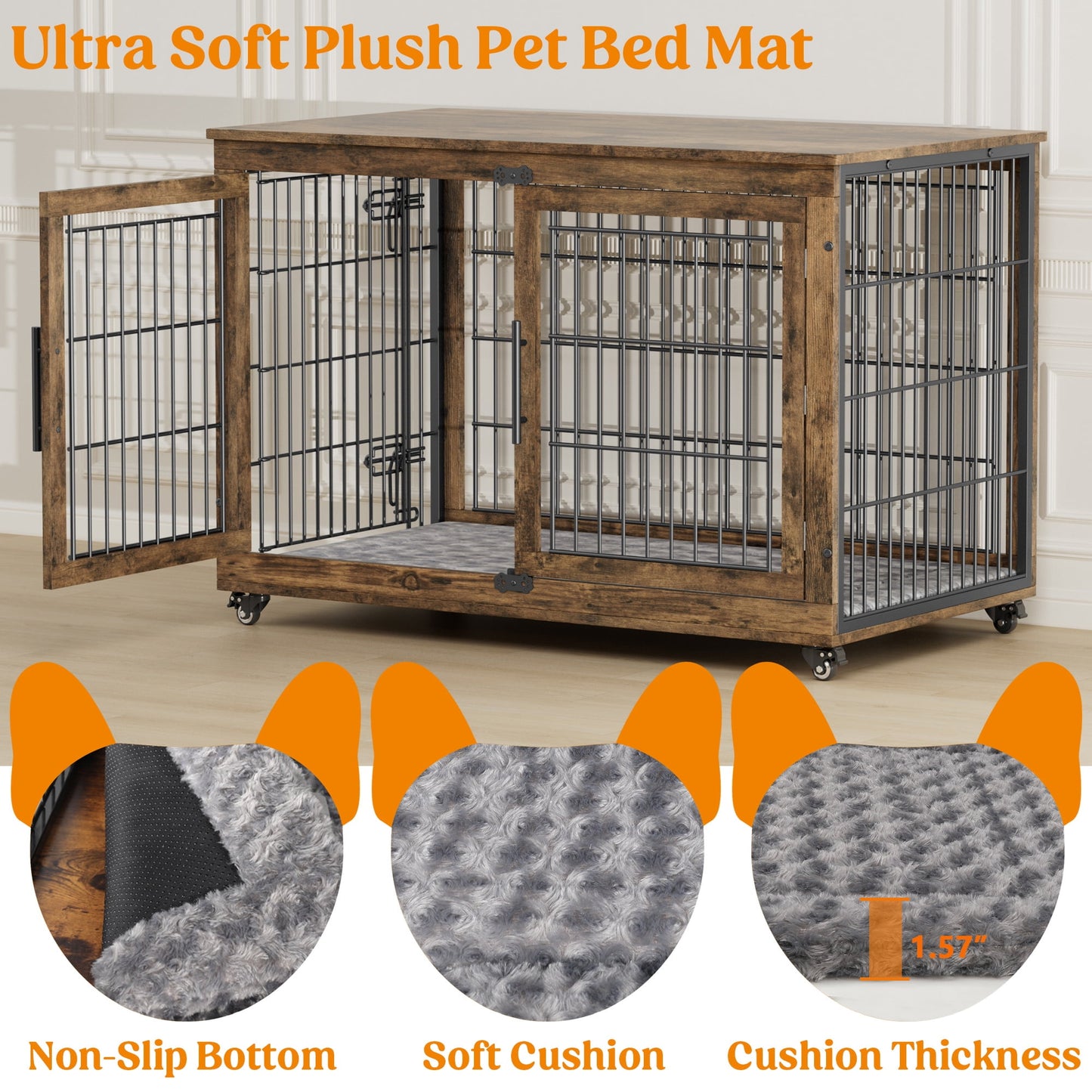 Laintene Dog Crate Furniture, Indoor Dog Kennels with Wheels and Pads, Pet House for XL Dogs, Gray